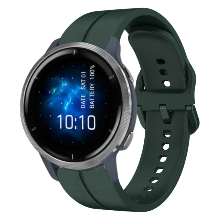 Dark green silicone watch strap with perforations and clasp, smartwatch on wrist