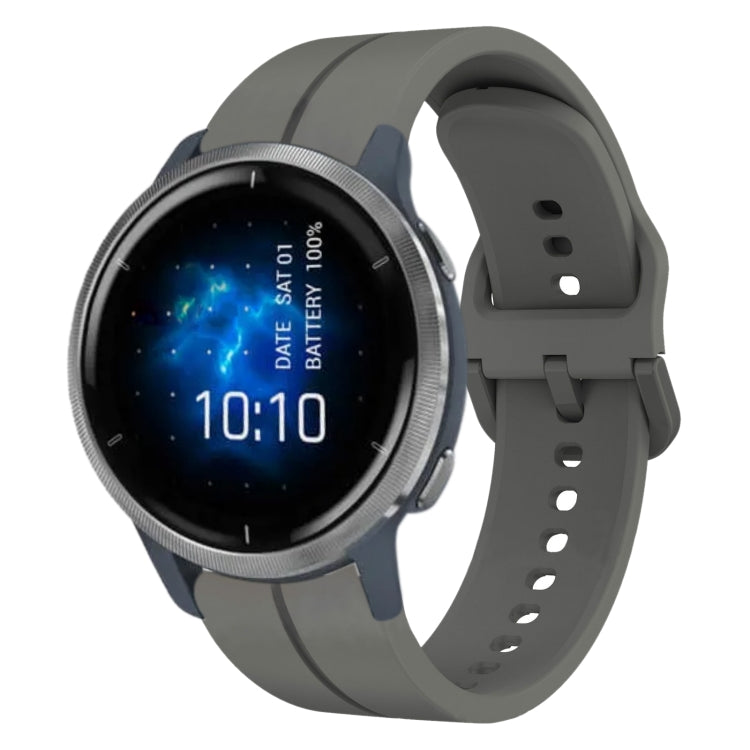 Navy blue silicone loop watch band with perforated holes and clasp, with smartwatch.