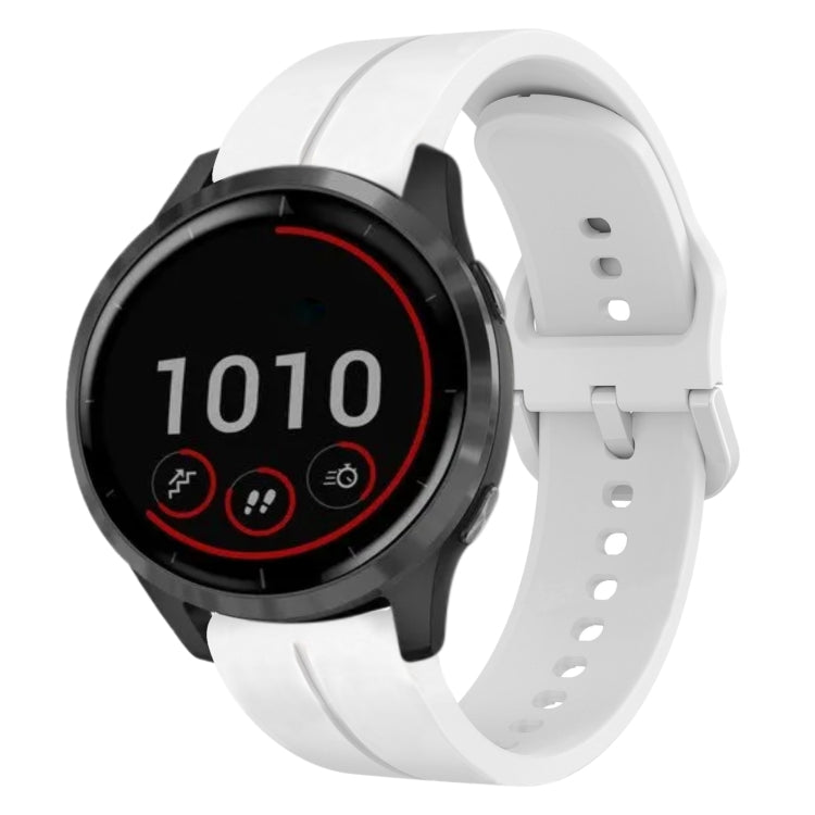 White silicone loop watch band with perforated holes, shown with smartwatch.