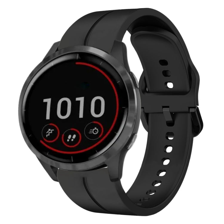 Gray silicone watch band with multiple holes and round dark smartwatch case