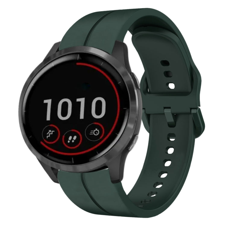 Dark green silicone watch band with loop buckle holes and clasp, smartwatch attached