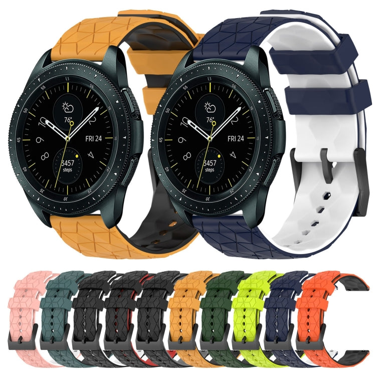 Two-tone football-pattern silicone watch bands: orange/black and navy/white, with buckles