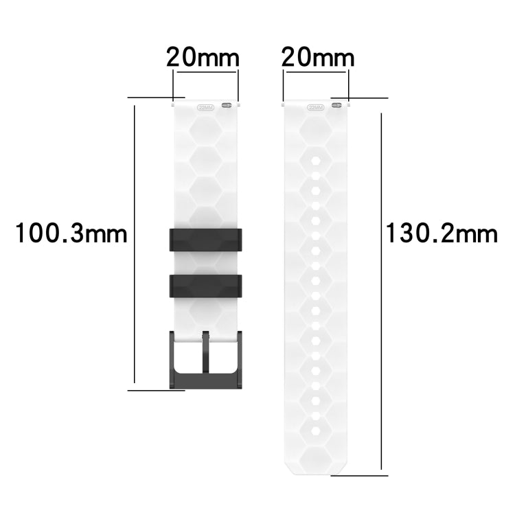 Watch band size diagram showing 20mm width and strap length range in mm