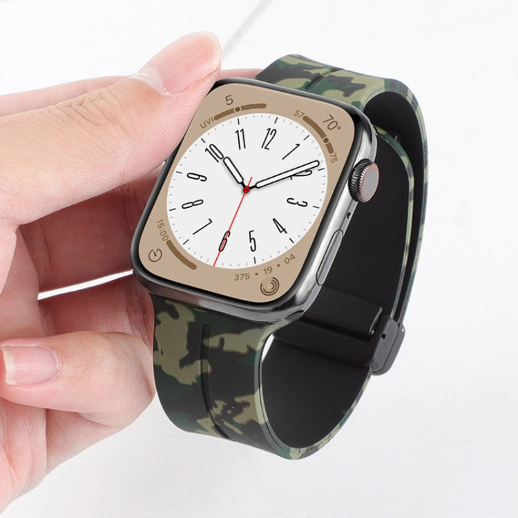 Camouflage silicone watch band with magnetic clasp, green and dark camo pattern