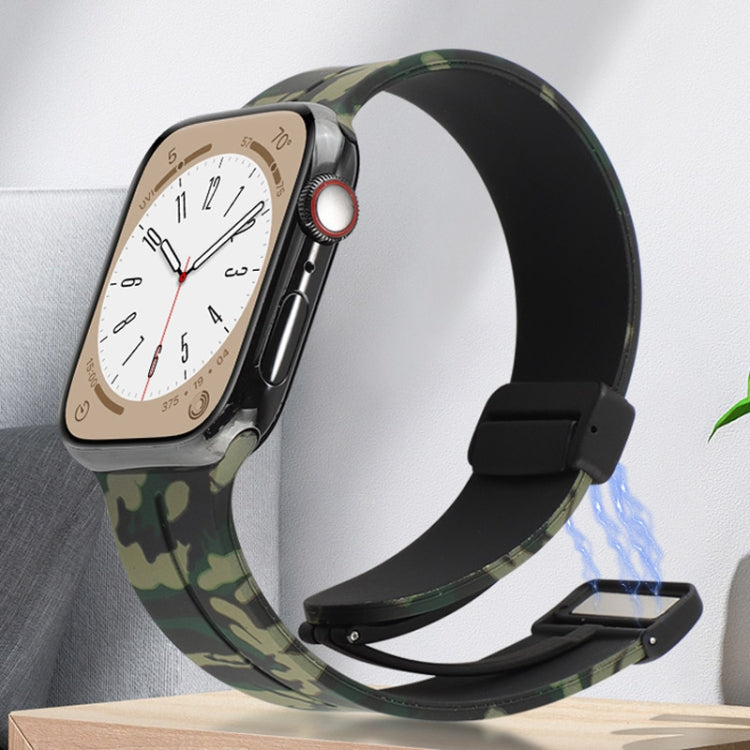Camouflage silicone watch band with magnetic clasp, dark green camo band and buckle