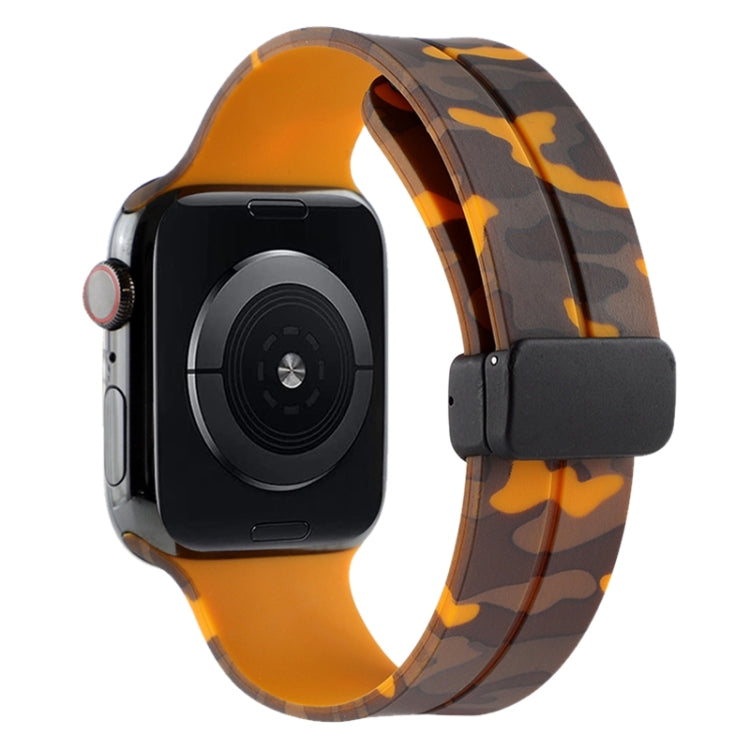 Orange camouflage silicone watch band with magnetic clasp and dark gray clasp cover