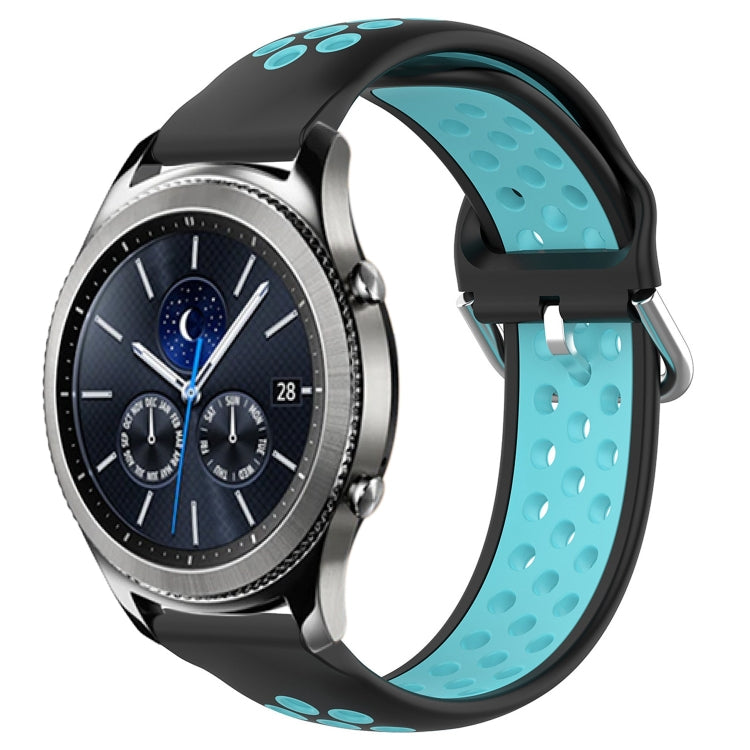 Perforated sports silicone watch band with black and light blue perforated section