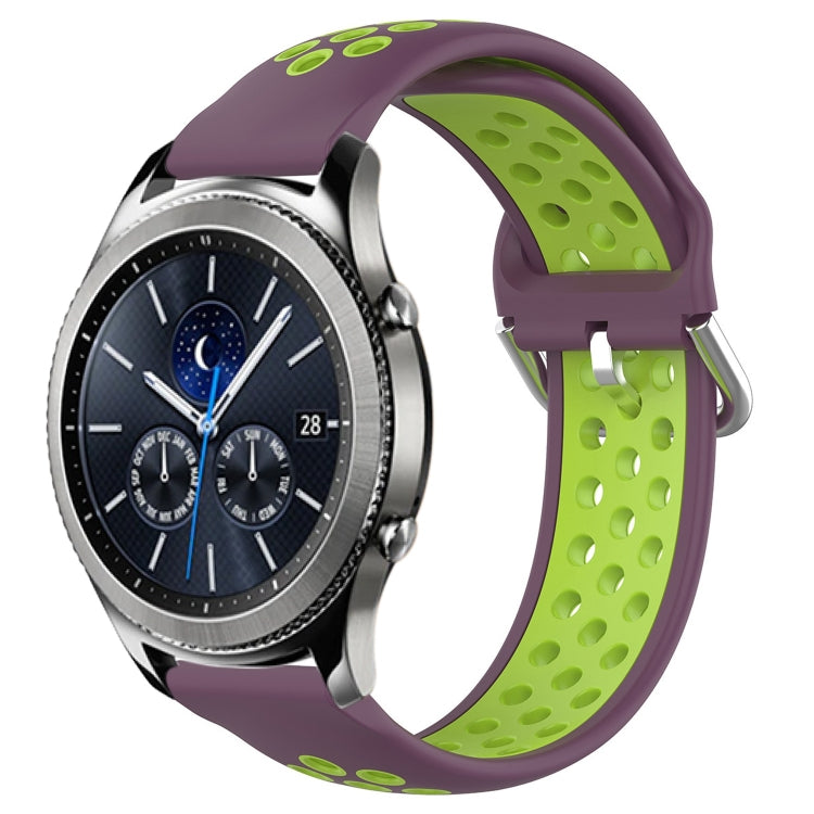 Silicone perforated sports watch band with purple strap and lime green buckle
