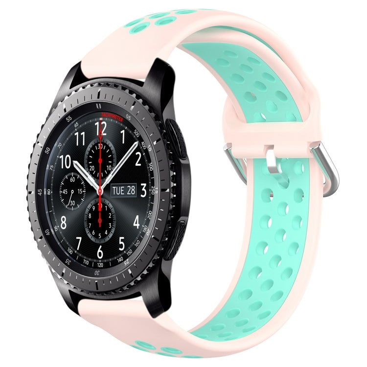 Silicone perforated sports watch band with light pink strap and mint green buckle