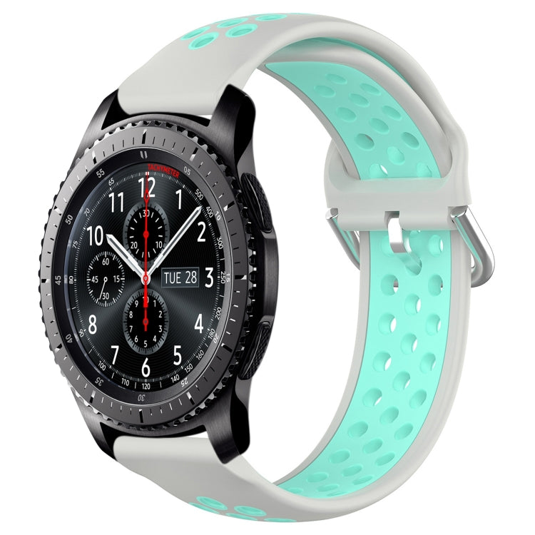 Perforated silicone sports watch band with breathable dot pattern, light gray with aqua teal insert