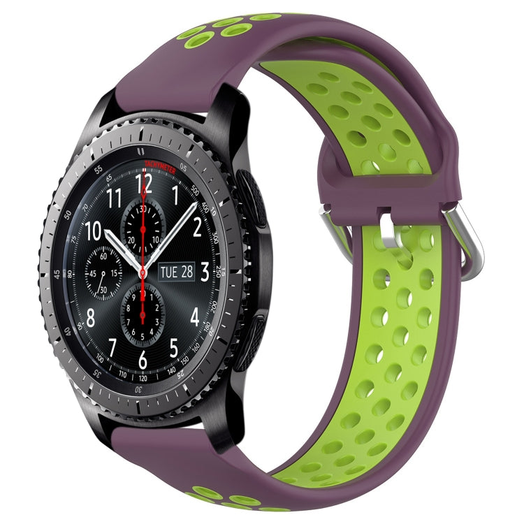 Perforated silicone sports watch band with breathable dot pattern, purple with lime green insert