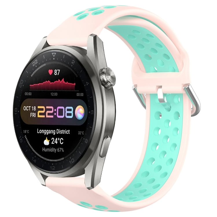 Perforated breathable sports silicone watch band, pastel pink with teal dotted insert