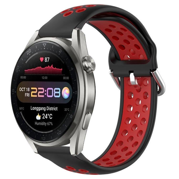 Perforated breathable sports silicone watch band, black with red dotted strap insert