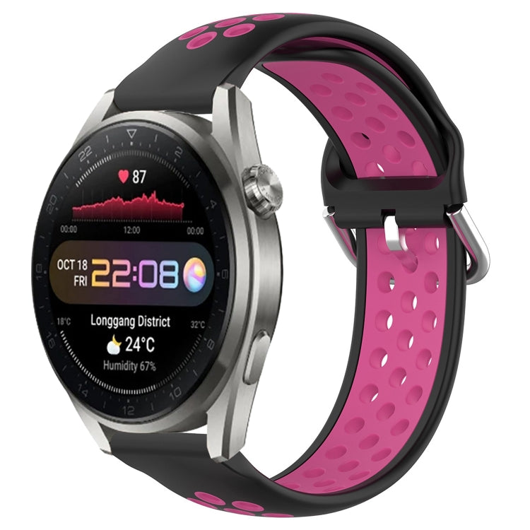 Perforated breathable sports silicone watch band, black with magenta dotted strap insert