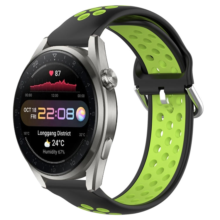 Perforated sports silicone watch band with green holes and black base strap
