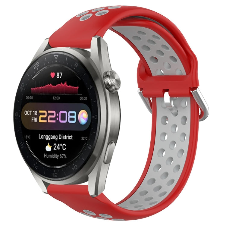 Perforated sports silicone watch band with red outer strap and grey hole panel
