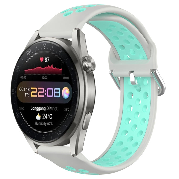 Perforated sports silicone watch band with white strap and aqua perforated insert