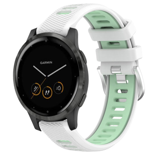 Two-tone silicone watch band with steel buckle, white and teal green, for Garmin