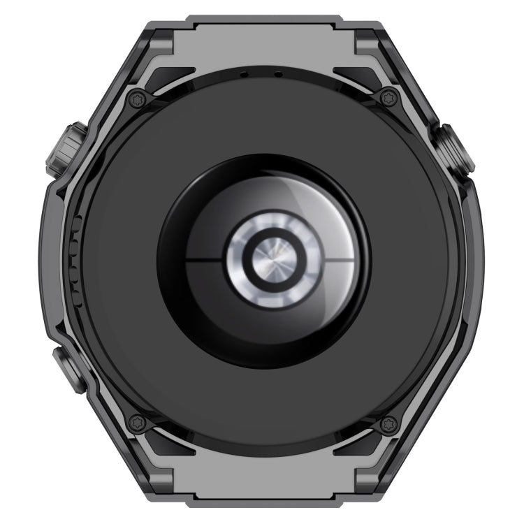 Back of dark PC+ toughened film integrated watch protective case with round lens.
