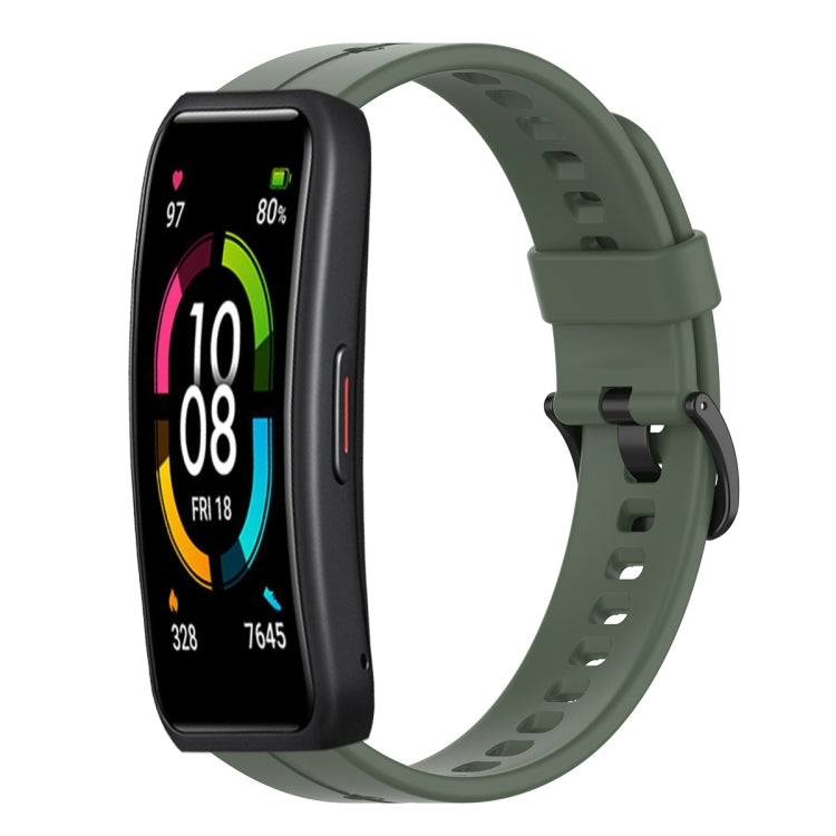 Dark green silicone watch band with clasp, shown with watch display for Huawei Band