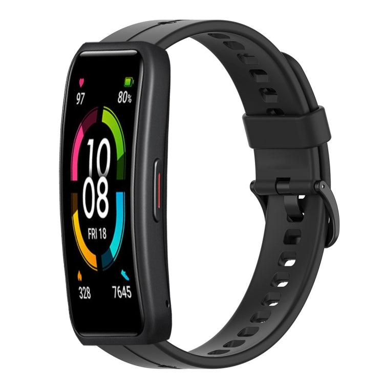 Black silicone watch band with clasp, shown with watch display for Huawei Band