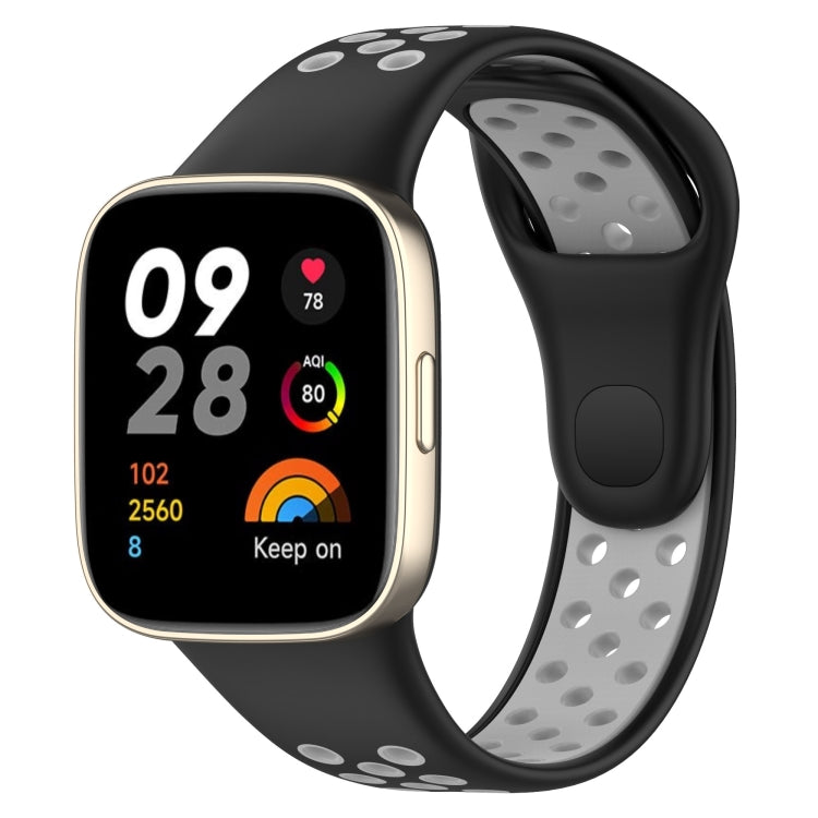 Two-tone silicone watch band: black strap with white perforated inner strap and white oval dots