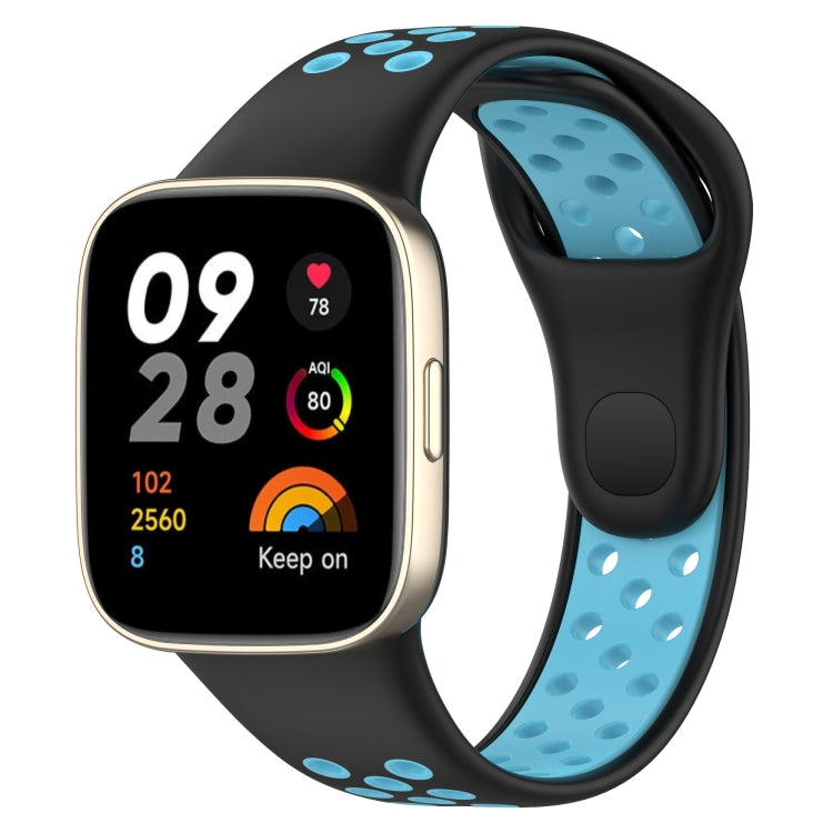Two-tone silicone watch band: black strap with light blue perforated inner strap and blue oval dots