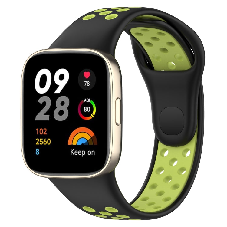 Two-tone silicone watch band: black strap with green perforated inner strap and green oval dots