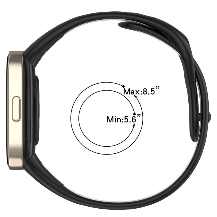 Black silicone watch band with adjustable fit range: min 5.6 in, max 8.5 in