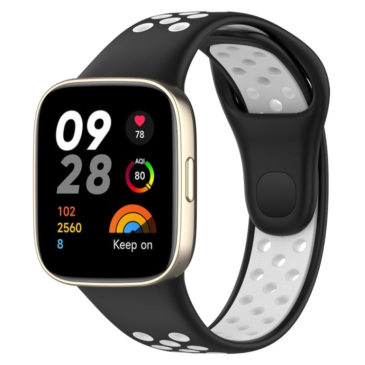 Two-tone silicone watch band: black strap with white perforated inner strap and white oval dots