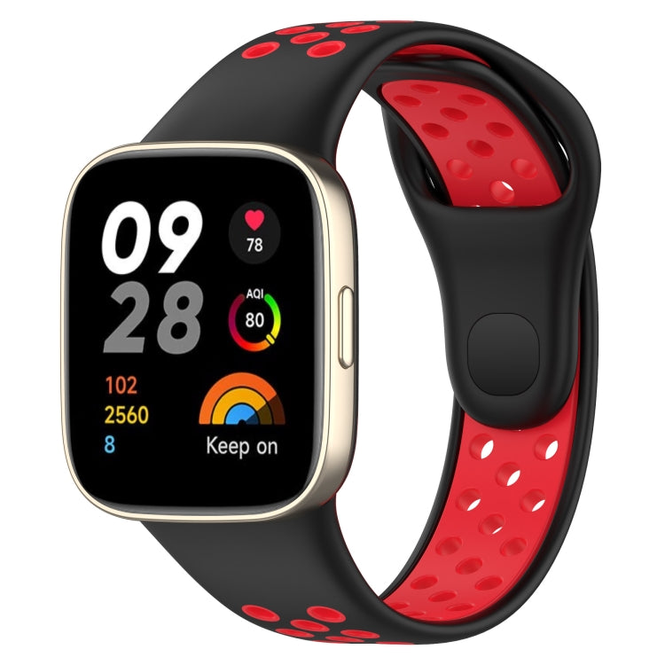 Two-tone silicone watch band: black strap with red perforated inner strap and red oval dots
