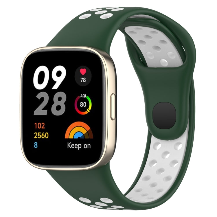 Two-tone silicone watch band, dark green outer with white perforated underside and side fit tab