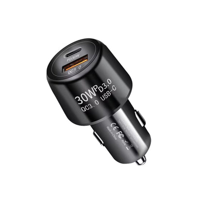 Black dual-port car charger with PD30W and QC3.0, USB-C and USB-A ports