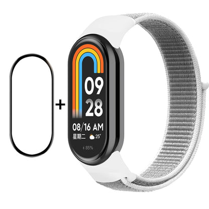Smartwatch screen protector and white nylon velcro loop band set for Mi Band 8