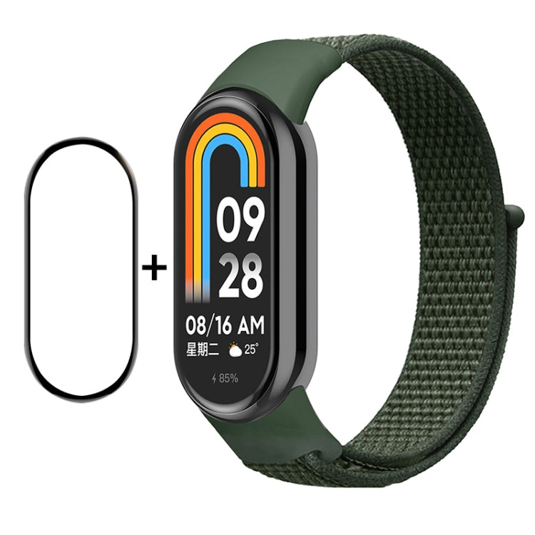 Smartwatch screen protector and army green nylon velcro loop band set for Mi Band 8