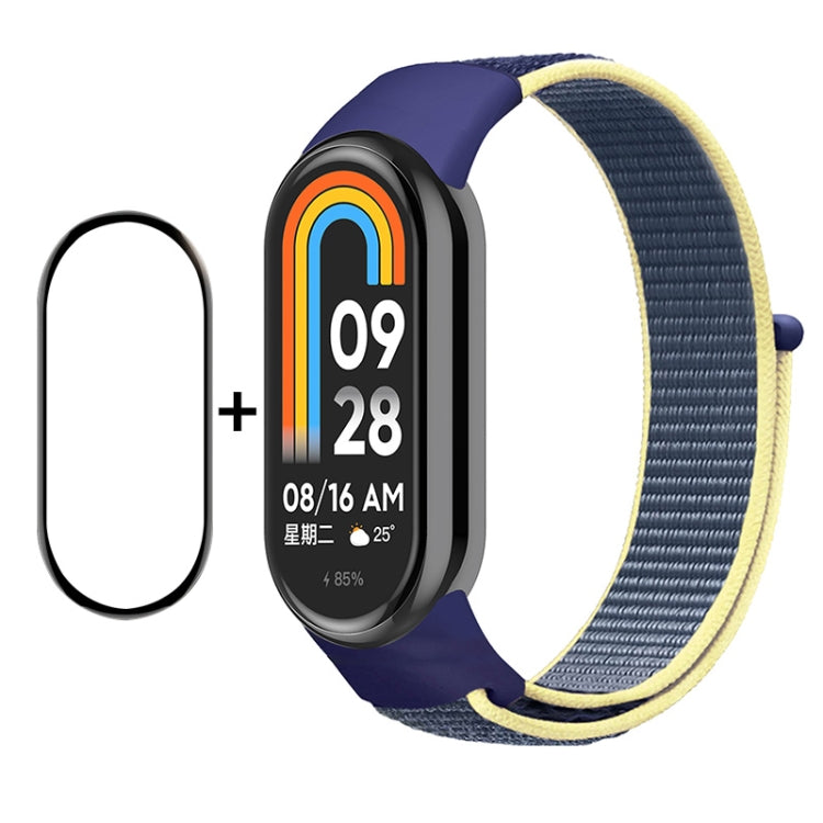 Smartwatch screen protector and dark blue nylon velcro loop band with yellow trim for Mi Band 8