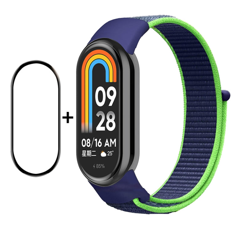 Smartwatch screen protector and navy nylon velcro loop band with green trim for Mi Band 8