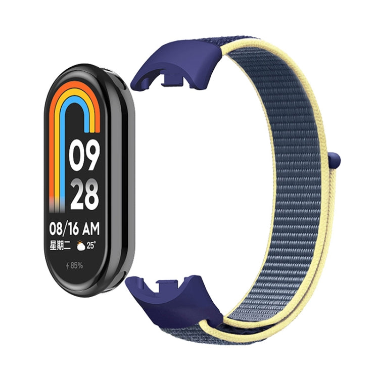 Smartwatch screen protector and dark blue nylon velcro loop band with yellow trim for Mi Band 8