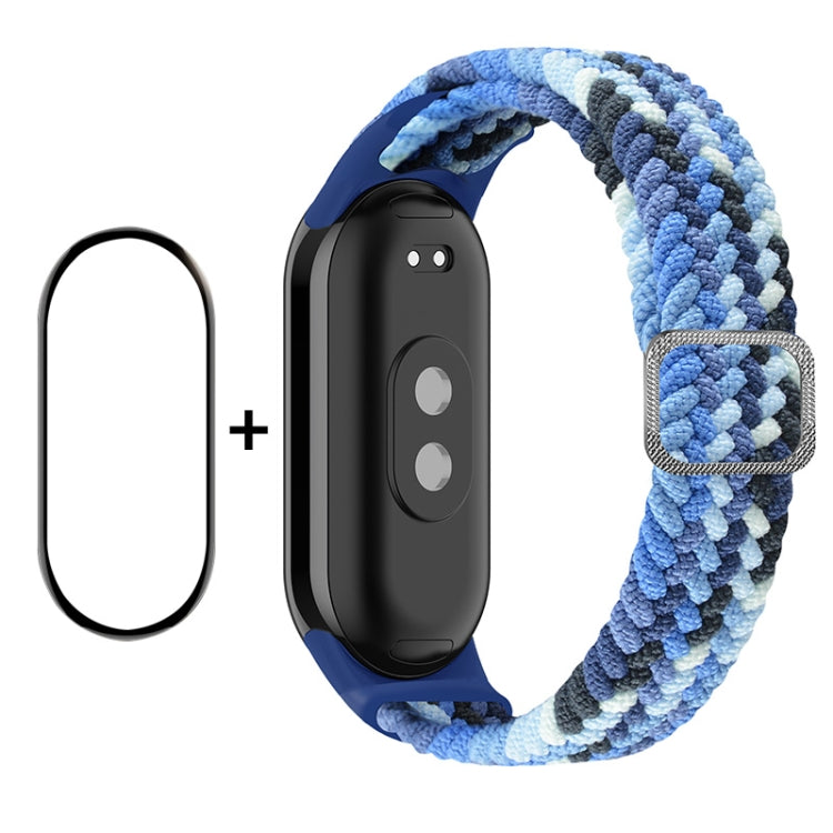 Full coverage screen protector and elastic braided nylon watch band set, blue and light blue