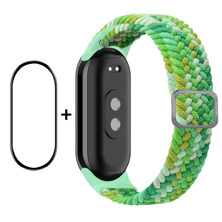 Full coverage screen protector and elastic braided nylon watch band set, green and light green