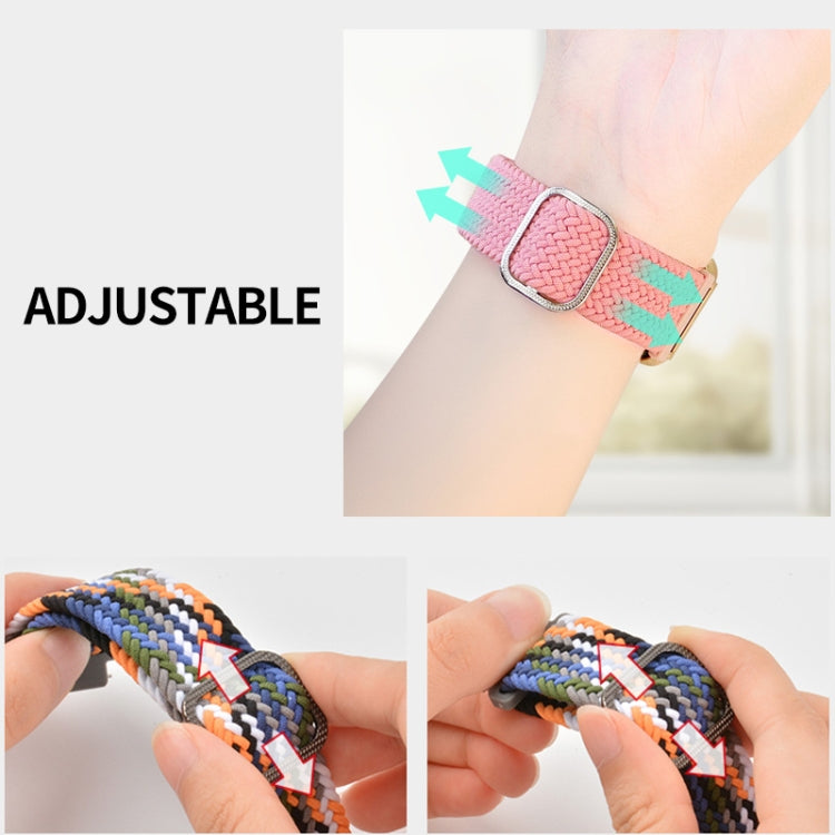 Adjustable elastic braided nylon watch band on wrist, pink and teal