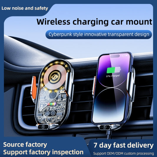 Wireless charging car mount with orange side grip and glowing circular charging pad