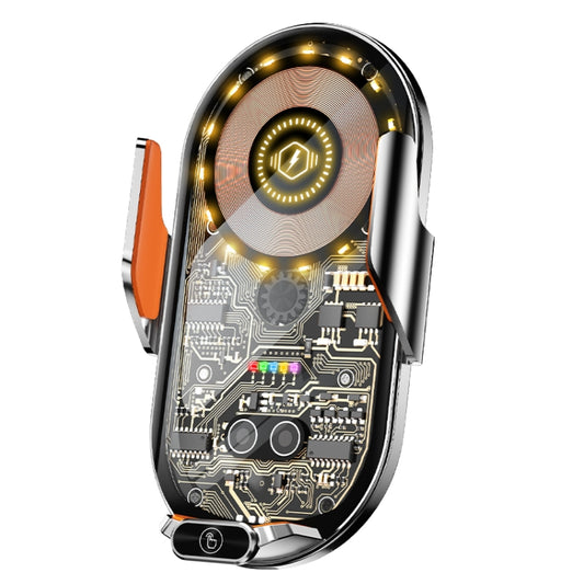 Wireless car phone charger holder with orange clip and glowing charging coil module
