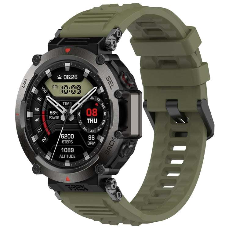 Silicone sports watch band, dark green with ridged strap and sports buckle