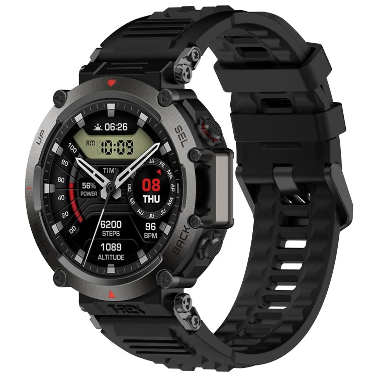 Silicone sports watch band, black with ridged strap and secure buckle