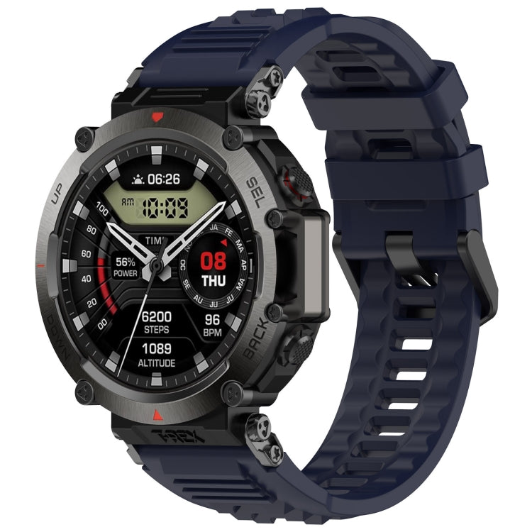 Dark blue silicone sports watch band with rugged buckle and vented strap