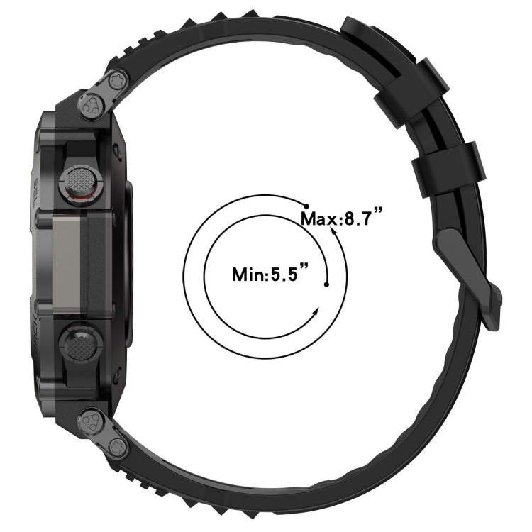 Black silicone sports watch band with strap length guide (Min 5.5, Max 8.7 in)