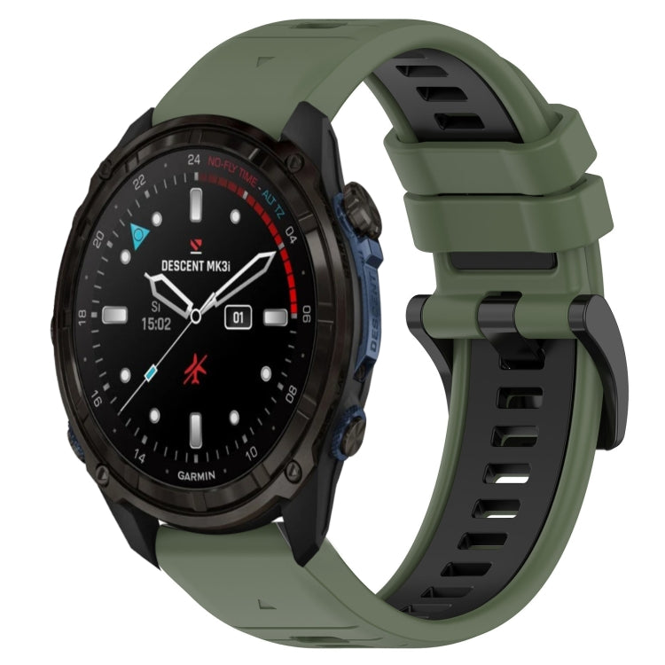 Two-color silicone watch band, olive green outer band with black inner strap and buckle.
