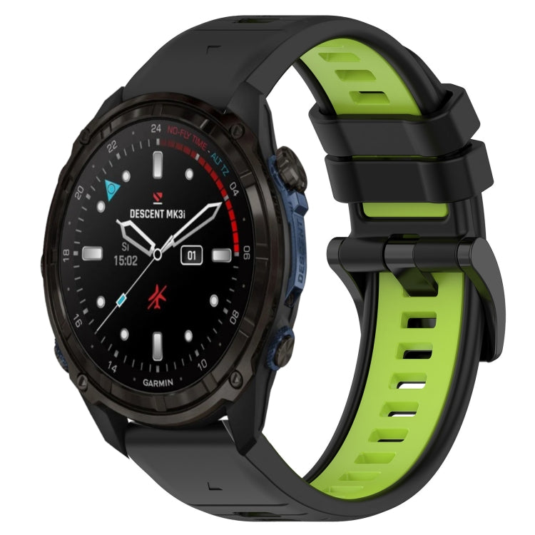 Two-color silicone watch band, black outer band with lime green inner strap and buckle.