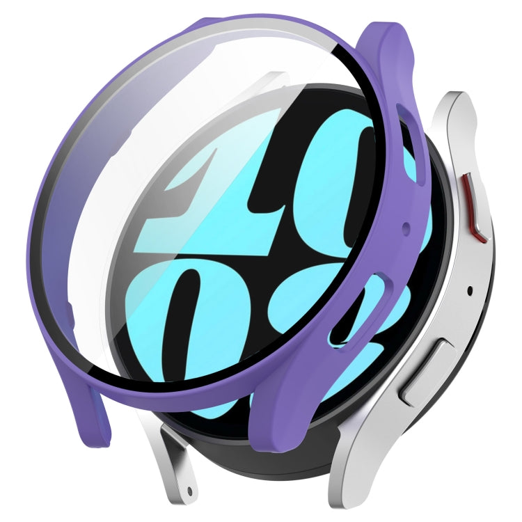 Purple protective case with integrated screen film for a round smartwatch